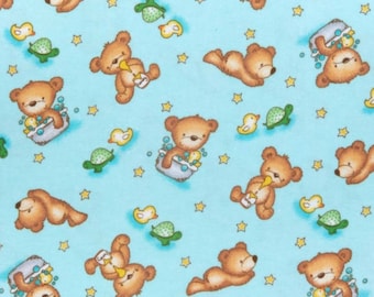 Teddy Bear Bath Time on Turquoise Blue Comfy Cotton FLANNEL Fabric by A. E. Nathan