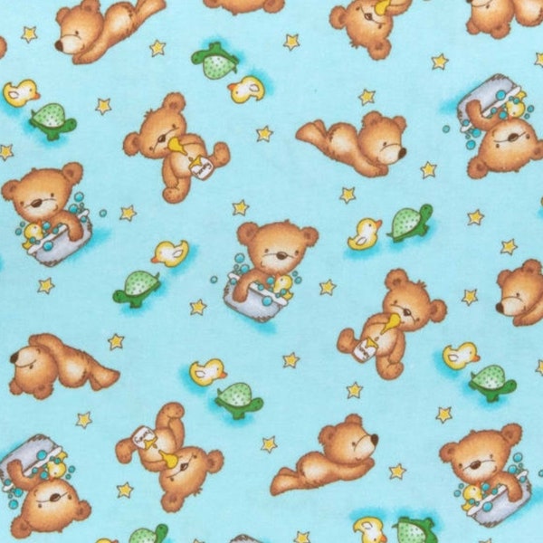 Teddy Bear Bath Time on Turquoise Blue Comfy Cotton FLANNEL Fabric by A. E. Nathan