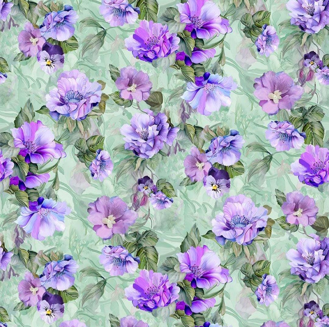 Timeless Treasures Garden Delight Purple Flower Bouquets on Sage Green ...