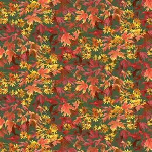 P&B Textiles Autumn Retreat Colorful Fall Leaves on Dark Green Cotton Quilt Fabric