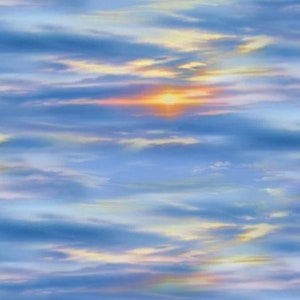 May include: A vibrant sunset sky with a bright orange sun shining through layers of fluffy white and light blue clouds.