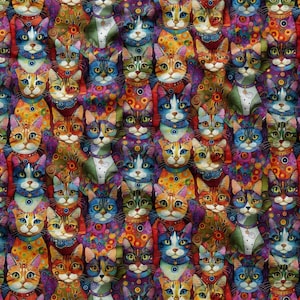May include: A repeating pattern of stylized cat faces in a vibrant, multi-colored palette. Each cat features distinct facial markings, large eyes, and colorful collars, arranged in a dense, symmetrical grid across the entire surface.