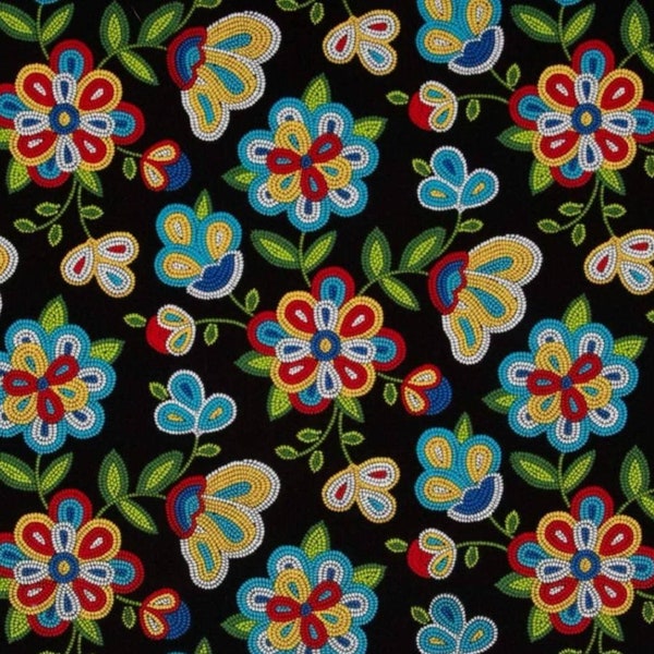 Elizabeth Studio Black Native Tribal Beaded Floral Flower Tucson Cotton Quilt Fabric