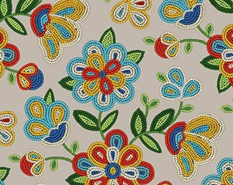 Elizabeth Studio Sepia Native Tribal Beaded Floral Tucson Cotton Quilt Fabric
