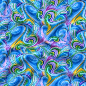 May include: A fabric featuring a repeating abstract pattern of swirling liquid-like shapes in vibrant shades of blue, bright green, soft purple, and golden yellow. The design creates a fluid, marbled effect with interconnected curves and waves.
