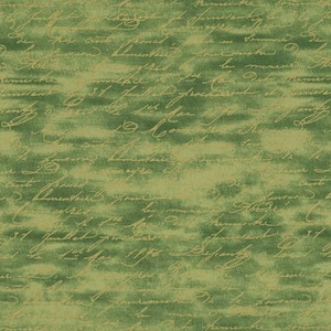 Gilded Rose by Chong A Hwang for Timeless Treasures Small Metallic Gold Cursive Scroll Text on Green Cotton Quilt Fabric