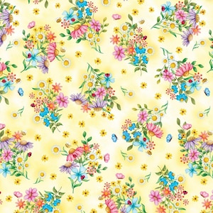 Benartex Sunshine Days by Nicole De Camp Spring Floral Bouquets on Yellow Cotton Quilt Fabric