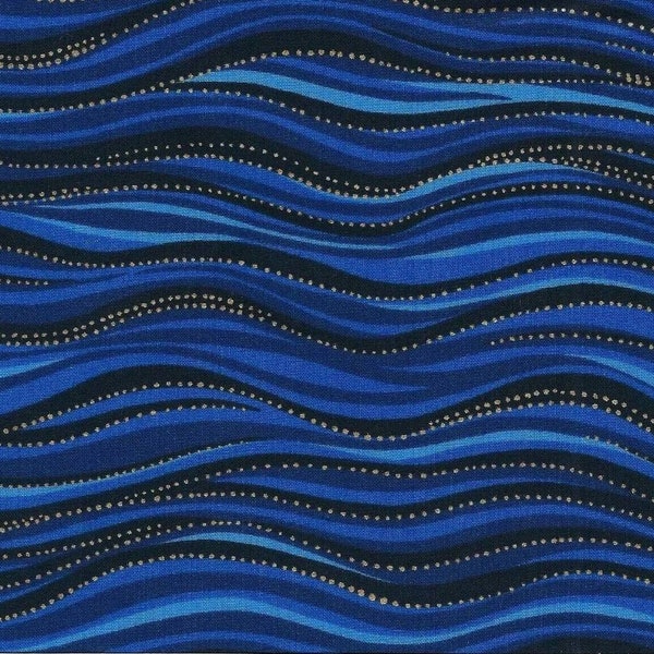 Laurel Burch Gold Metallic and Royal Blue Waves Cotton Sewing Quilt Fabric