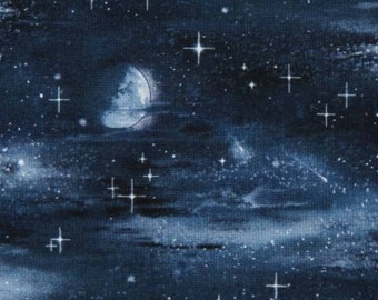 Elizabeth Studio Landscape Medley Dark Night Moon and Stars Blue Sky Cotton Quilt Fabric