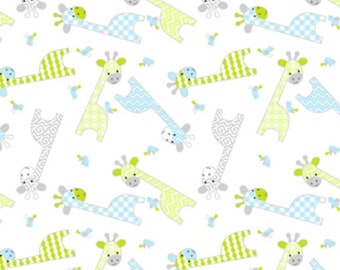 Blue and Green Giraffes on White Comfy Cotton FLANNEL Fabric by A. E. Nathan