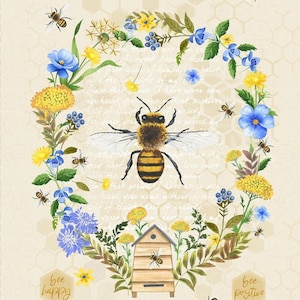 Bee Kind by Timeless Treasures Honey Bee and Wildflower Cotton Quilt Fabric Panel 24&quot; x 44&quot;