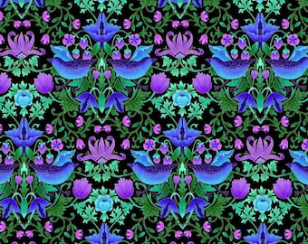 Luminous by Chong A Hwang for Timeless Treasures Metallic Lavender and Blue Flowers with Birds on Black Cotton Quilt Fabric