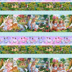 May include: A repeating pattern featuring scenes of angels, deer, and rabbits in a garden setting. The design includes light blue lace borders and floral and butterfly accents, creating a whimsical and fairytale aesthetic.