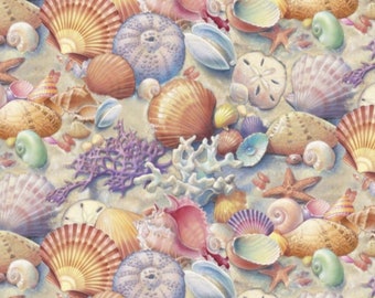 Elizabeth Studio Race to Safety Beach Ocean Sea Shells Cotton Quilt Fabric