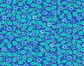 Luminous by Chong A Hwang for Timeless Treasures Metallic Blue Flowers and Leaves Cotton Quilt Fabric