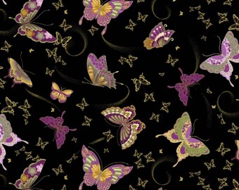 Butterfly Metallic Gold Thread Black Butterflies Cotton Fabric FQ 