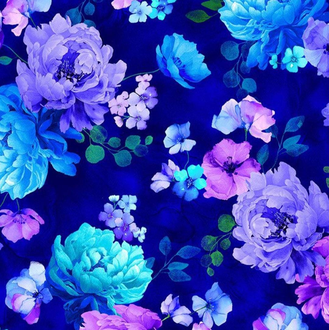 Bellagio by Timeless Treasures Blue and Purple Flower Bouquets on Navy ...