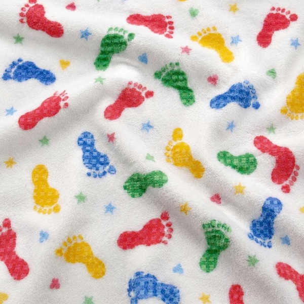 Baby Footprints Flannel Fabric – Colorful Feet Hearts Stars on White – Soft Nursery Baby Cotton Flannel – Quilting Sewing Craft Material