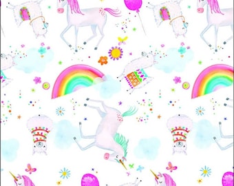 Unicorns, Llamas, and Rainbow on White Comfy Cotton FLANNEL Fabric by A. E. Nathan