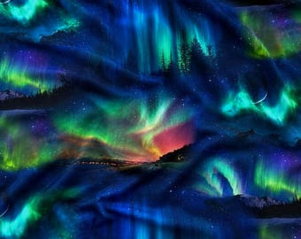Elizabeth Studio Landscape Medley Northern Lights Fabric – Aurora Borealis Night Sky Scenic Cotton Quilting and Crafting Fabric by the Yard