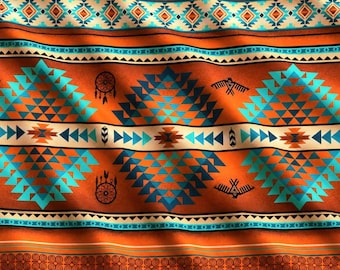 Elizabeth Studio Tucson Fabric – Southwest Geometric Stripe Turquoise Copper Orange Tribal Style Cotton Quilting Fabric by the Yard