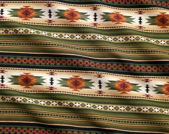 Elizabeth Studio Tucson Southwestern Stripe Fabric Geometric Aztec Design Green Rust Cream Cotton Quilting Fabric by the Yard