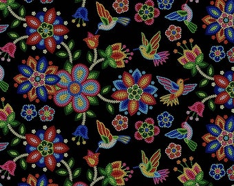 Elizabeth Studio Tucson Hummingbird and Flowers Cotton Quilt Fabric on Black Background