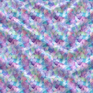 May include: A fabric featuring a repeating geometric mosaic pattern composed of irregular polygons in shades of light blue, lavender, soft pink, and mint green. The material has a smooth, slightly reflective surface with soft folds.