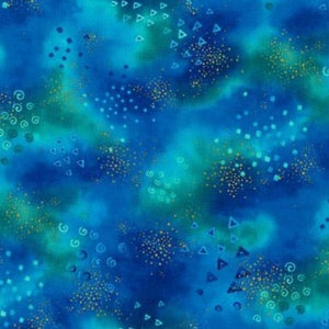 May include: Abstract fabric with a watercolor effect in shades of blue and teal. The design features scattered geometric shapes, including triangles, dots, and spirals, in gold and white. The overall pattern creates a dreamy, celestial aesthetic.