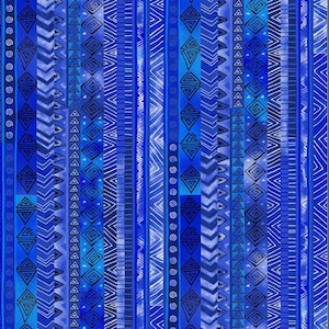 May include: A seamless pattern of blue and white geometric shapes. The pattern is made up of stripes, zigzags, and other abstract designs.