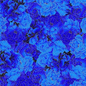 BOLT END 35 Inches Royal Plume by Chong A Hwang for Timeless Treasures Bright Blue Metallic Rose Flowers Cotton Quilt Fabric