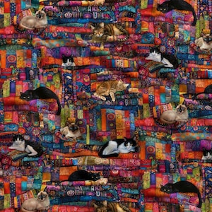 May include: A fabric pattern featuring a vibrant, multicolored patchwork design with various geometric shapes and intricate textures. Multiple cats in diverse poses and colors, including Siamese, black, and tabby, are scattered throughout.