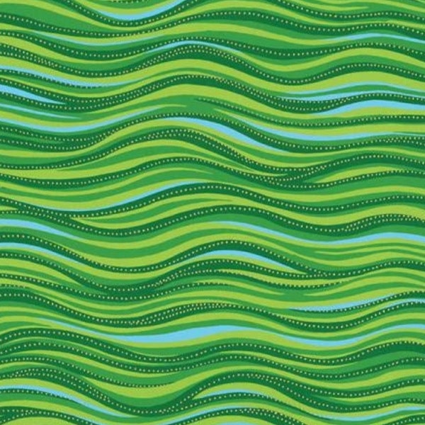 Laurel Burch Green and Blue Waves with Gold Metallic Dots Cotton Sewing Quilt Fabric