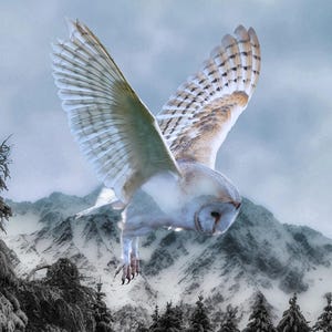 May include: A barn owl in flight with wings fully extended, showcasing white and light brown feathers. The owl is positioned above a dense forest of snow-covered pine trees and a large, jagged mountain range under a cloudy, overcast sky.