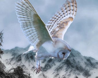 Hoffman Call of the Wild Snowy Owl Quilt Panel, Winter Wildlife Cotton Fabric Panel, Owl Mountain Scene, Nature Quilt Panel 31 x 43