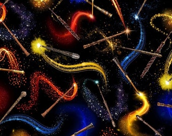 Timeless Treasures Mystic Haunted Library Magic Wands on Black Cotton Quilt Fabric