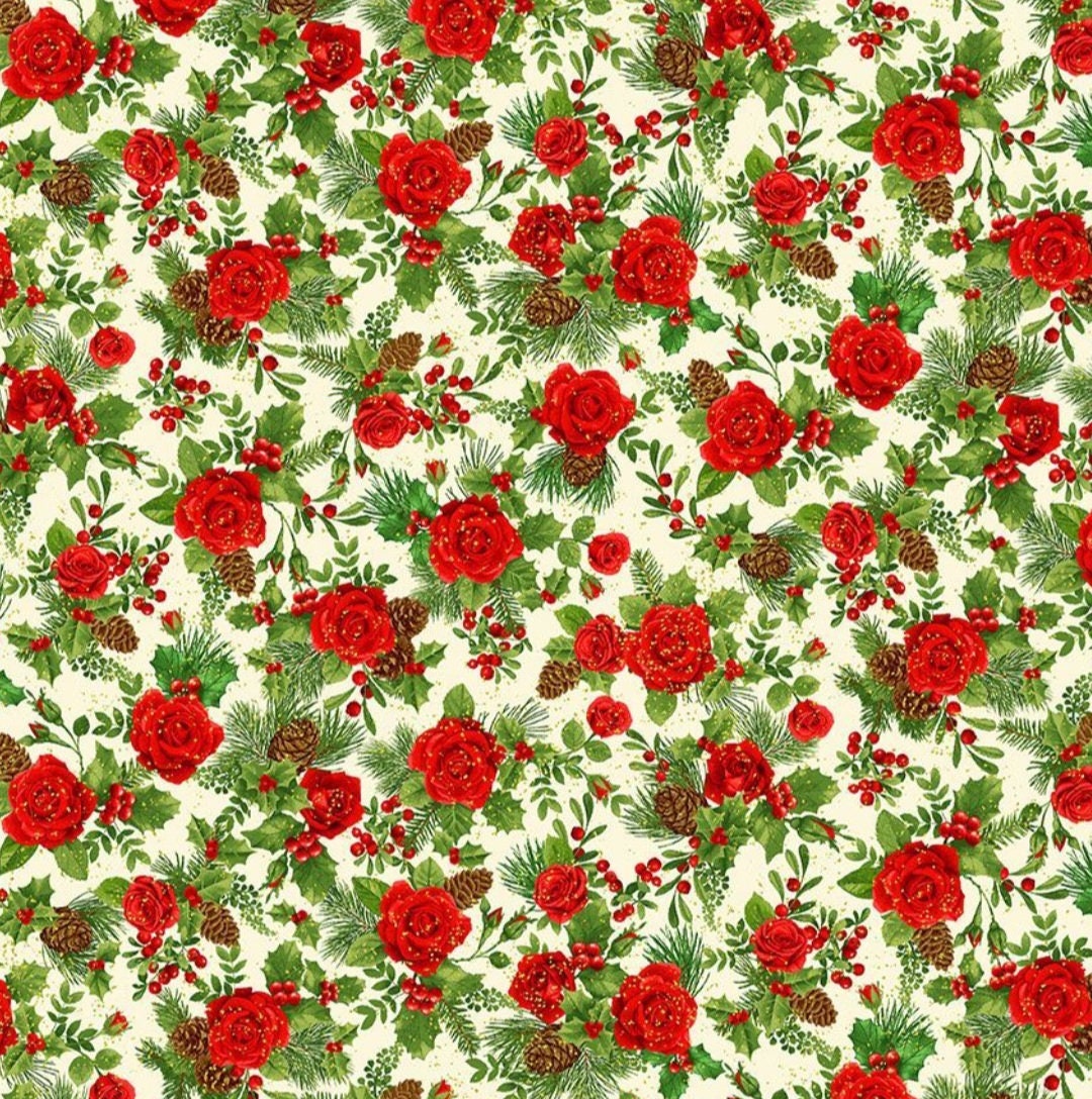 Timeless Treasures Holiday Winter Rose by Chong A Hwang Small Metallic ...