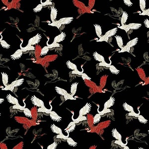 Kyoto Garden by Chong A Hwang for Timeless Treasures Red, White and Black Asian Cranes with Gold Metallic Cotton Quilt Fabric