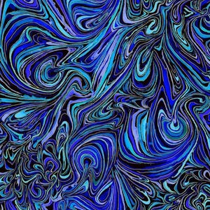 Escapade by Timeless Treasures Motifs tourbillonnants en marbre bleu et noir et édredon en coton à bordures dorées métalliques