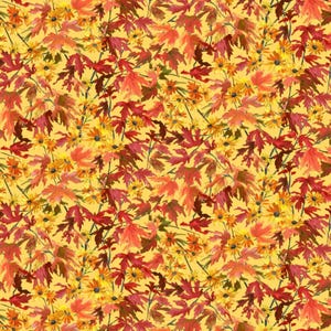 P&B Textiles Autumn Retreat Colorful Fall Leaves on Yellow Cotton Quilt Fabric