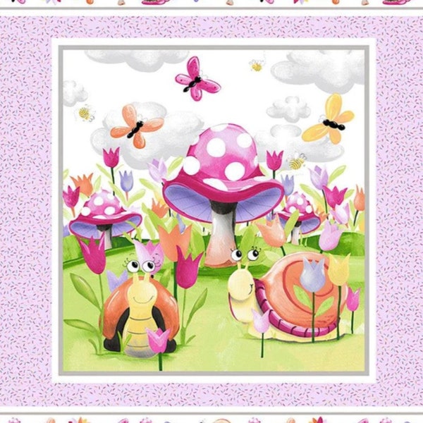 Susybee Sloane the Snail, Mushrooms, Butterflies, and Flowers Cotton Quilt Fabric Panel 36" x 43"