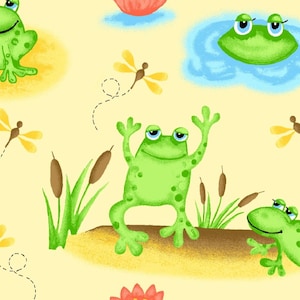 May include: A whimsical pattern featuring cartoon frogs in a pond setting. The frogs are various shades of green with blue eyes, surrounded by cattails, dragonflies, and lily pads on a yellow background. The design has a playful, childlike aesthetic.