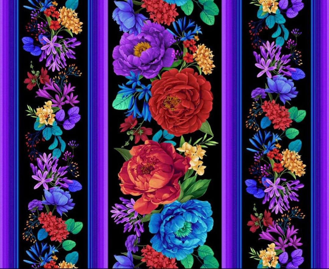Hacienda by Timeless Treasures Multicolored Border Stripe Flowers on ...