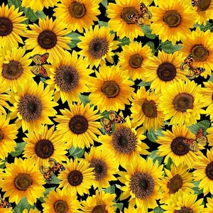 Advice from a Sunflower by Timeless Treasures Yellow Sunflowers and Butterflies on Black Cotton Quilt Fabric