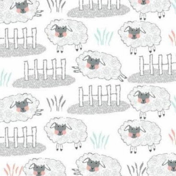 Gray and White Sheep with Fences on White Comfy Cotton FLANNEL Fabric by A. E. Nathan