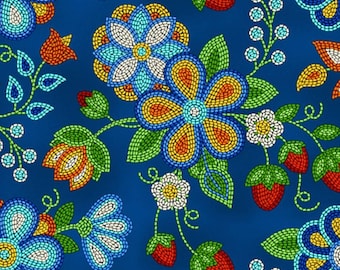 May include: A seamless pattern featuring colorful beaded flowers and strawberries on a dark blue background. The flowers are made of various colors, including red, yellow, blue, and green. The strawberries are red with green leaves.