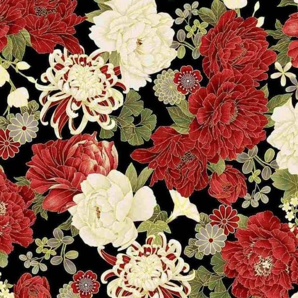 Kyoto Garden by Chong A Hwang for Timeless Treasures Large Asian Flowers with Gold Metallic Accents on Black Cotton Quilt Fabric