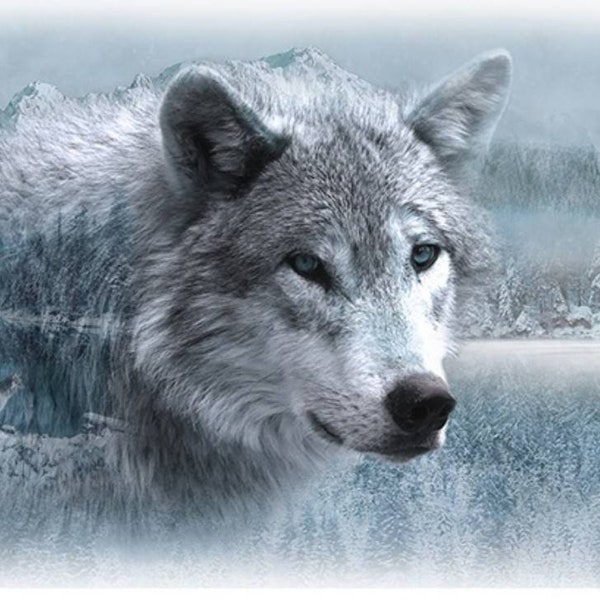 Hoffman Call of the Wild Lone Wolf Frost Cotton Quilt Fabric Panel 29" x 43" #V5212H-113