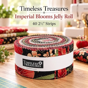 May include: A Timeless Treasures Imperial Blooms jelly roll featuring 40 2 1/2" fabric strips. The roll is wrapped in a white paper band with the brand name and website. The fabric displays a black background with red, gold, and green floral patterns.