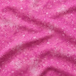 May include: A vibrant pink fabric featuring a mottled, watercolor-inspired pattern with varying shades of magenta and fuchsia interspersed with soft white, circular, and irregular splotches that create a textured, layered visual effect throughout.